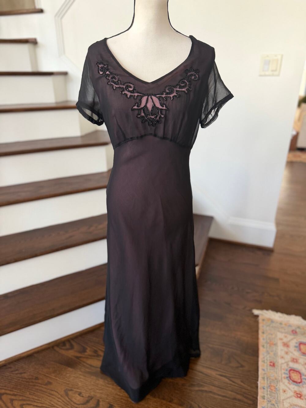 Vintage 90s Black Sheer & Pink Beaded Floral Maxi Slip Dress Whimsygoth Witchy